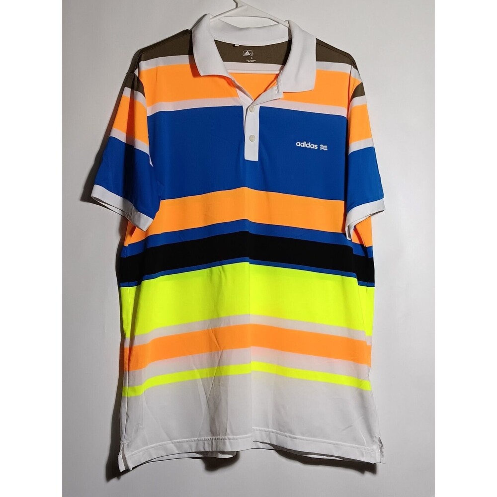 Adidas Golf Polo Shirt Knit Lg Wide Striped Short Sleeves NMMI Patch Multicolor